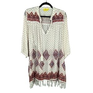 Roberta Roller Rabbit Boho Aztec Fringe Coverup Tunic Top Medium Red Cream FLAW